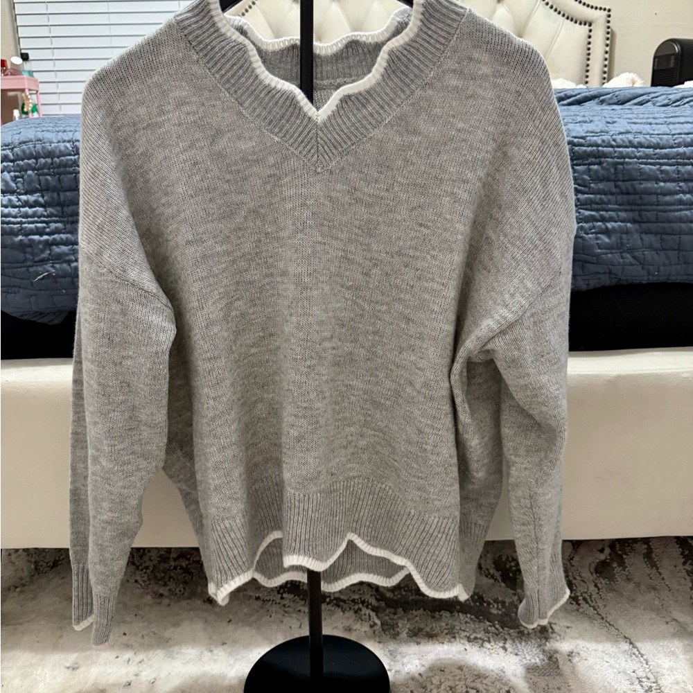 Gray V-Neck Sweater with White Trim